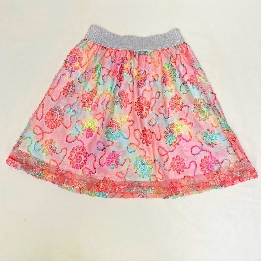 RUUM Flare Skirt Bright Rainbow Embroidered Flowers Elastic Girls Size S(7/8)